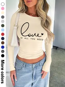 Stylish Simple Casual Heart Element Letter Printed Long Sleeve Cropped T-Shirt for Women, 13 Color Choices, Spring & Fall Sexy Fashion Top Lady
