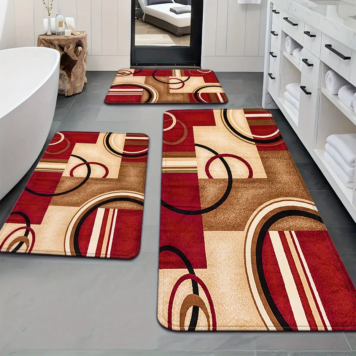 3pcs Contemporary Red Geometric Long Strip Rugs - Modern Abstract Rug, Fashionable Simple Design, Suitable for Kitchen, Bathroom Doorway, Home Decor Ideas, Abstract Runner Rug, Geometric Area Rugs