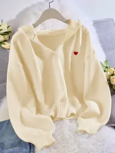 Women's Hooded Pullover Sweatshirt, Fashion Long Drawstring Heart Jumper, Soft Mid Elasticity Fall & Winter Essential, Casual Warm Coat