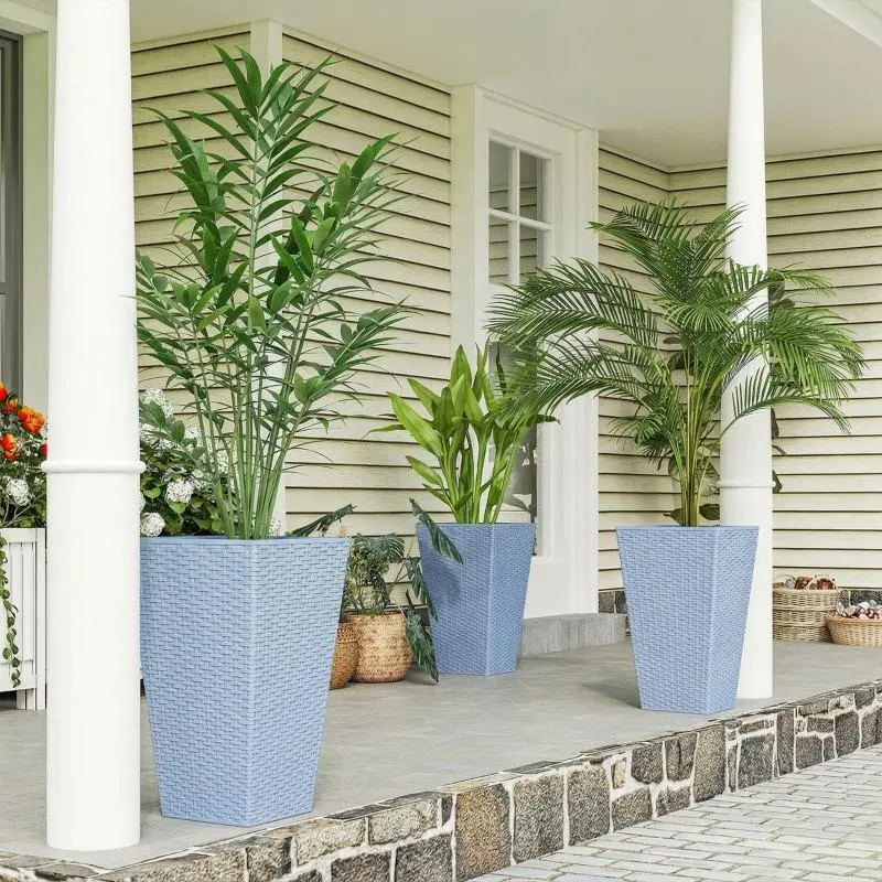 3-Piece Outdoor Tall Rattan Decor Planters, 24in Tapered Light Gray Garden Pots with Drainage Holes for Outdoor Plants