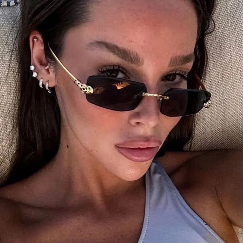 Y2K Cyber Baddie Ombre Brown black rectangular square frameless sunglasses retro Revemo Rimless Rectangle Y2k Sunglasses for Women Men Cute  main image 3