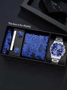 6pcs Classic Watch Set, Silver Color Steel Band Blue Dial, Blue Paisley Tie & Cufflinks Gift Box, Elegant Business Style