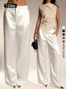 Women's Satin  Solid Color Pants With Pockets And Zipper, Suitable For Vacation, Office, Brunch, Airport Outfit, All Seasons Spring