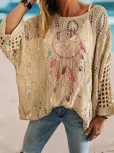 Spring Summer Round Neck Hollow Out Knit Hoodie, Loose Fit Batwing Sleeve, Feather Print, Boho Style Outer Vest, Commuter Vacation Top
