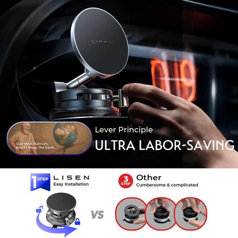 LISEN 15W Magsafe Car Mount Charger，[Lever Lock] Suction Cup Phone Mount,360° Vacuum Magnetic Car Phone Holder Charger Wireless for iPhone 17 Pro Max Air 16-12,Pixel 10,Samsung with MagSafe Case