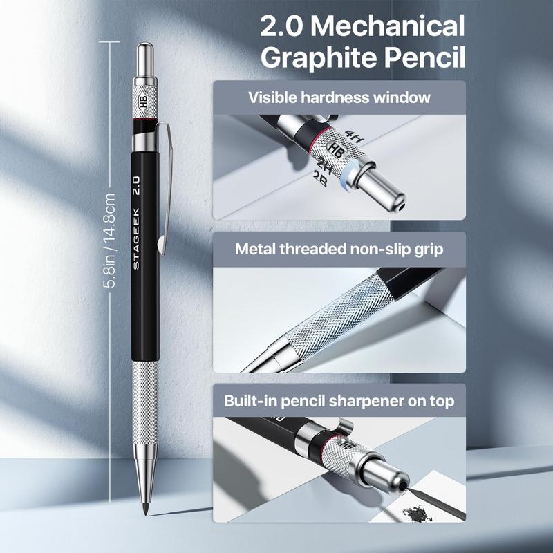 STAGEEK 37PCS Art Mechanical Pencil Set, Drafting Pencil 5 Sizes- 0.3, 0.5, 0.7, 0.9MM & 2PCS 2.0MM Mechanical Drawing Pencils with 492PCS Leads (6B 4B 2B HB 2H 4H Color) for Artist Sketching Drawing&Ballpoint Pen for Student Stationary College Essentials