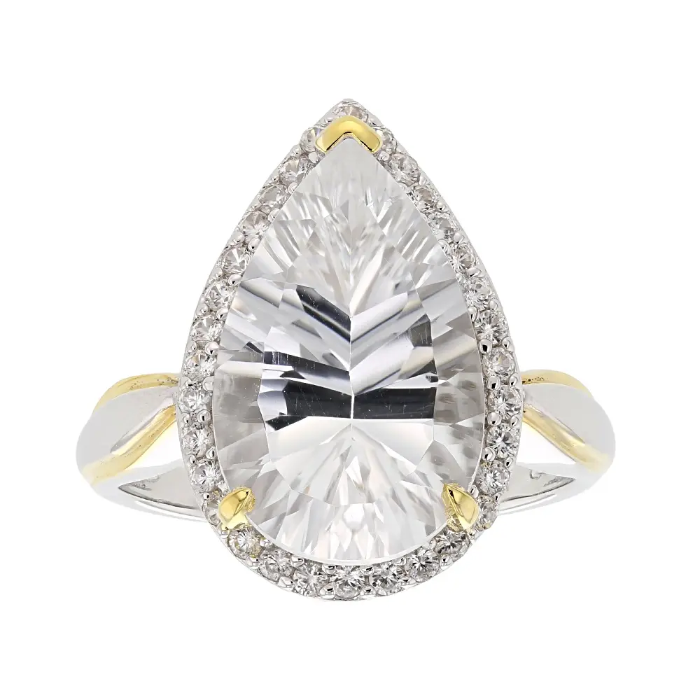 JTV Crystal Quartz With Blue Zircon Rhodium And 18K Yellow Gold Over Silver Concave Cut Ring 5.24ctw
