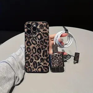 Leopard-print Pattern Phone Case with Charger Head Cover & Cable Protector & Storage Rope, Anti-drop Phone Case for iPhone 6/7/8/X/XS/XR/XS Max/11/12/13/14/15/16 Pro Max, Casing