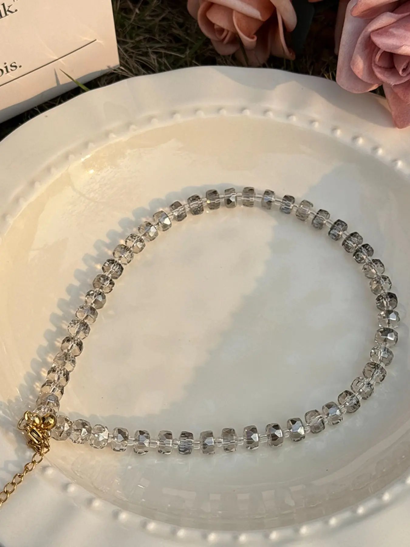 Transparent Crystal Bead Necklace, 6mm & 8mm Champagne Quartz Faceted Wheel Pendant, New Tire Cut Glass Jewelry, Elegant Necklace