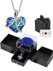 Romantic Gift Blue Soap Flower Rose Box with, Large Diamond Heart Necklace, Love Necklace, Heart Shaped Necklace, Women's Jewelry Box for Valentine's Day