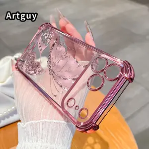 Four Corner Anti-Fall Rose - hued Flutter Pattern Phone Case for iPhone 17 Pro Max 16 Air 15 Plus 14 13 12 11 E Shockproof Transparent Electroplated Protective Cover