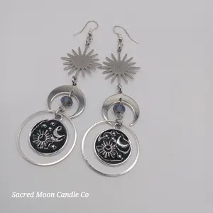 Sacred Moon Candle Co Celestial Earrings Sun Burst & Moon Lilac Hue Titanium Beads 4 Inch Long Women's Jewelry