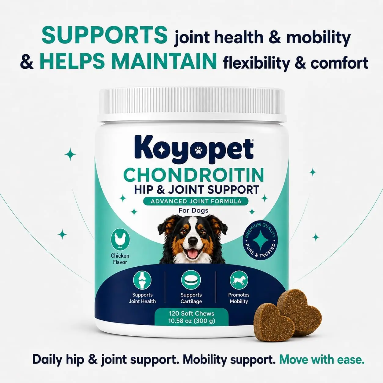 Koyopet Glucosamine Chondroitin Hip & Joint Support Heart Shape Soft Chews for Dogs (3), 120 Chicken Flavored Treats, Cartilage Aid, Mobility Boost