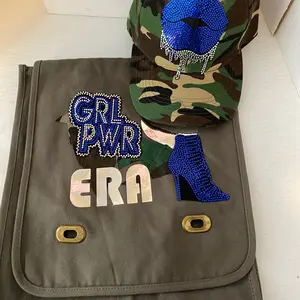 Canvas Crossbody Set with Spangle Bling Patches & Blue Drip Lips Camo Cap