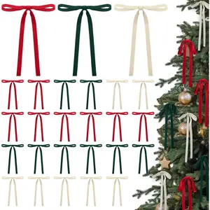 24 Pcs Velvet Bows Christmas Tree Ornaments Vintage Double Faced Velvet Ribbon Bows for Tree Garland Wreath Indoor Outdoor Xmas(5 x 7 Inch, Width of 3/8",Red,Green,White)