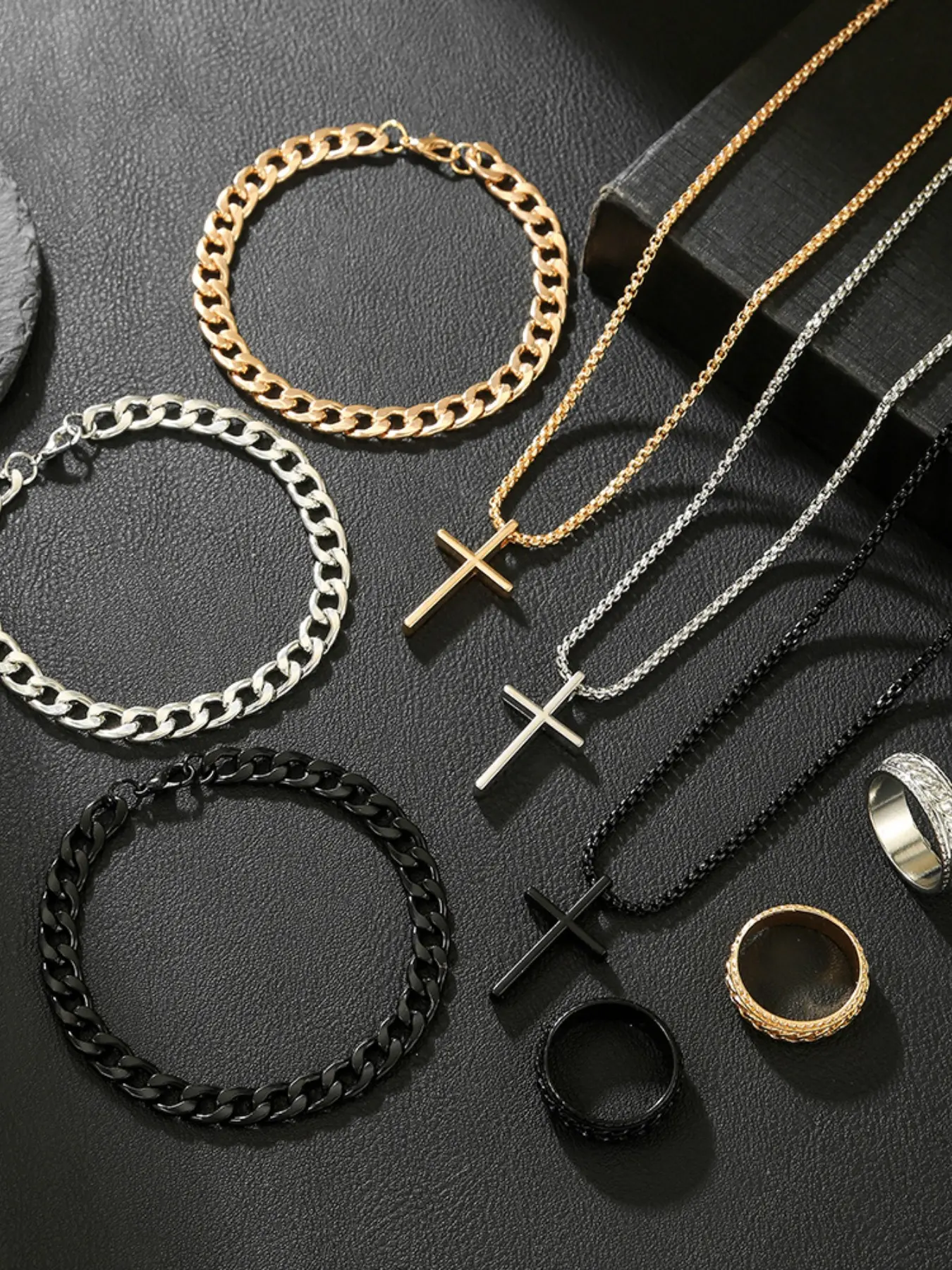 New Cross Pendant Chain Ring Bracelet Necklace Set, Minimalist Style Jewelry Gift, 3 Piece Fashion Accessory Collection