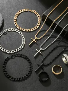 New Cross Pendant Chain Ring Bracelet Necklace Set, Minimalist Style Jewelry Gift, 3 Piece Fashion Accessory Collection