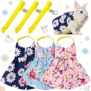 3 Sets Rabbit Bunny Harness and Leash Gift, Cute Bunny Clothes Dress Costume Walking Escape Proof Pet Supply for Hedgehog Ferret Squirrel(Pink Flower, Blue Flower, Daisy)