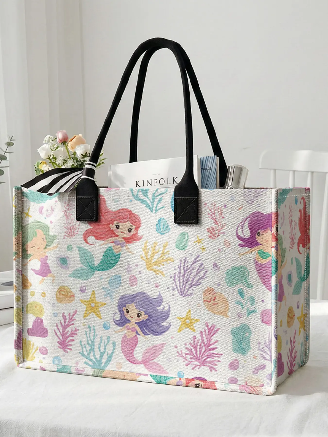 1 piece of 2D printed large-capacity storage bag with little mermaid pattern, extra large storage bag, sturdy handle, space-saving multi-purpose, suitable for use at school, on business trips, and shopping