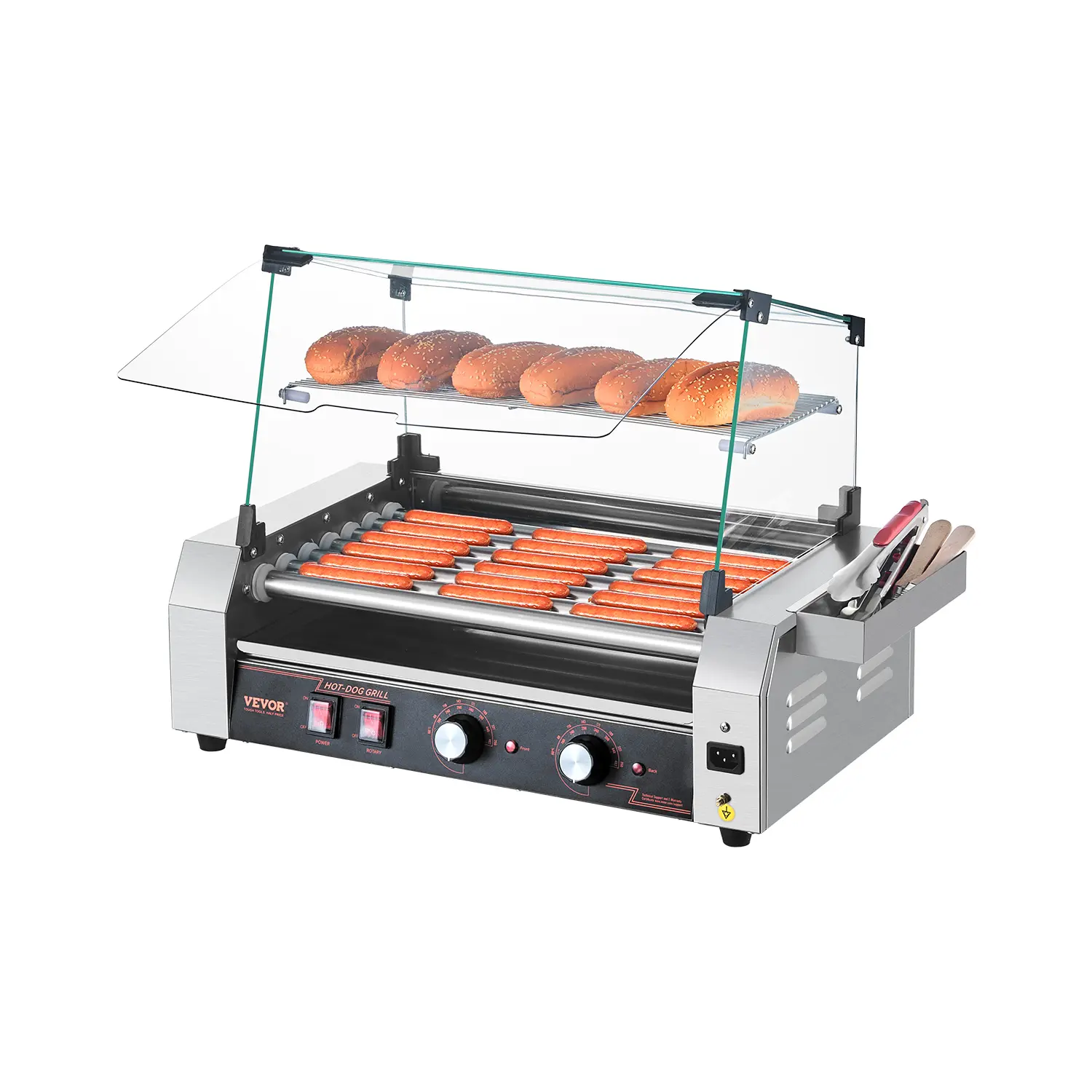【summerfinds】VEVOR 1050W Stainless Steel Electric Grill Cooker - 7-Roller, 18-Capacity Hot Dog, Adjustable, Removable Cooking Grill, Tabletop Griddle, Storage Box, Father's Day Gift Option