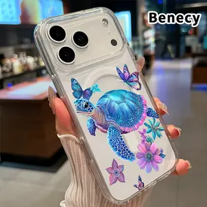 Transparent Case for iPhone 17 16  Pro Max Plus 15 14 13 12 11 Air E Turtle's Floral Flight  Strong Magnetic Attraction Acrylic Back Soft Edges Full Coverage Back Cover