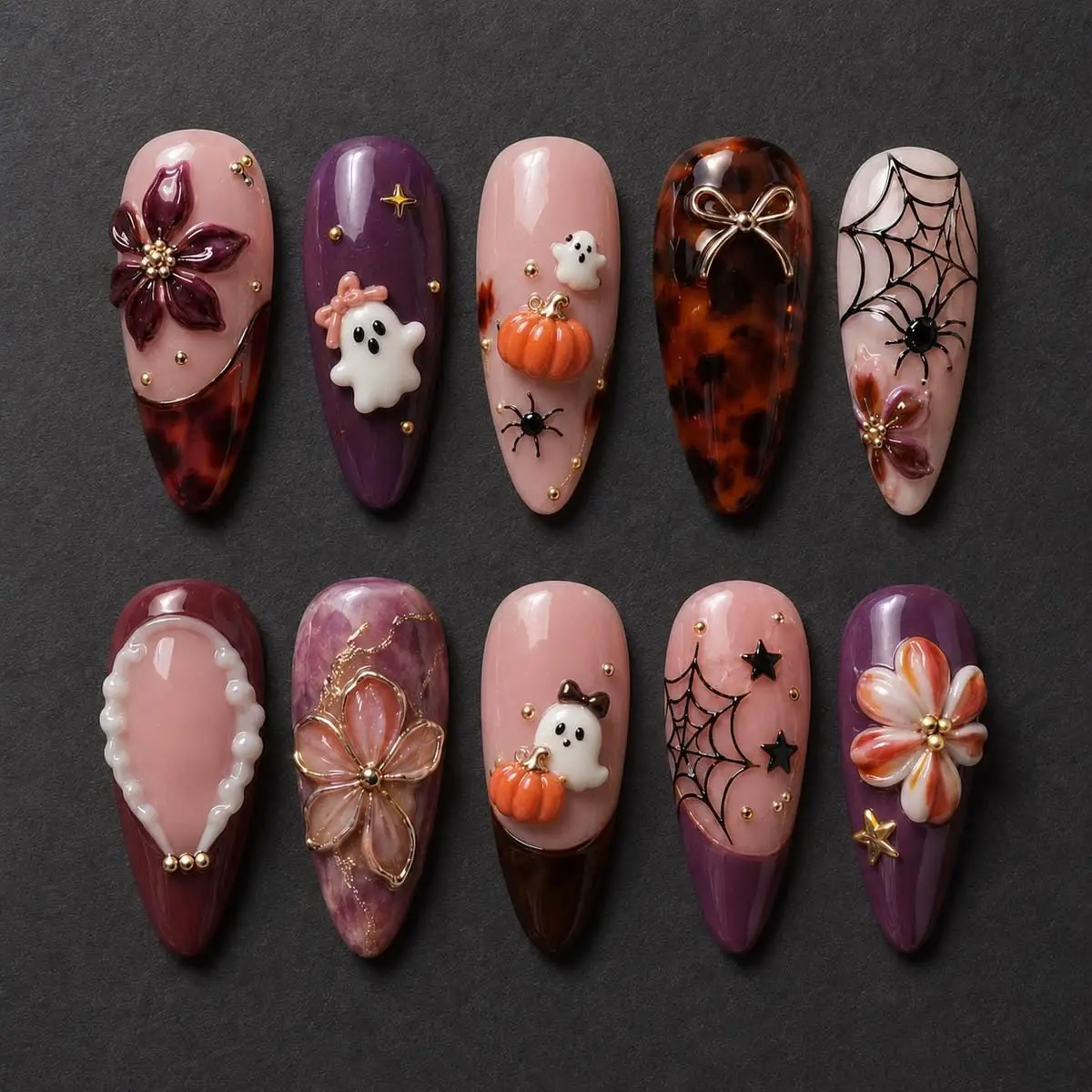 Halloween Press-On Nails, Purple Tortoise Shell Almond False Nails with 3D Flower, Spider Web Art, Spooky Cute Fall Ghost Pumpkin Designs