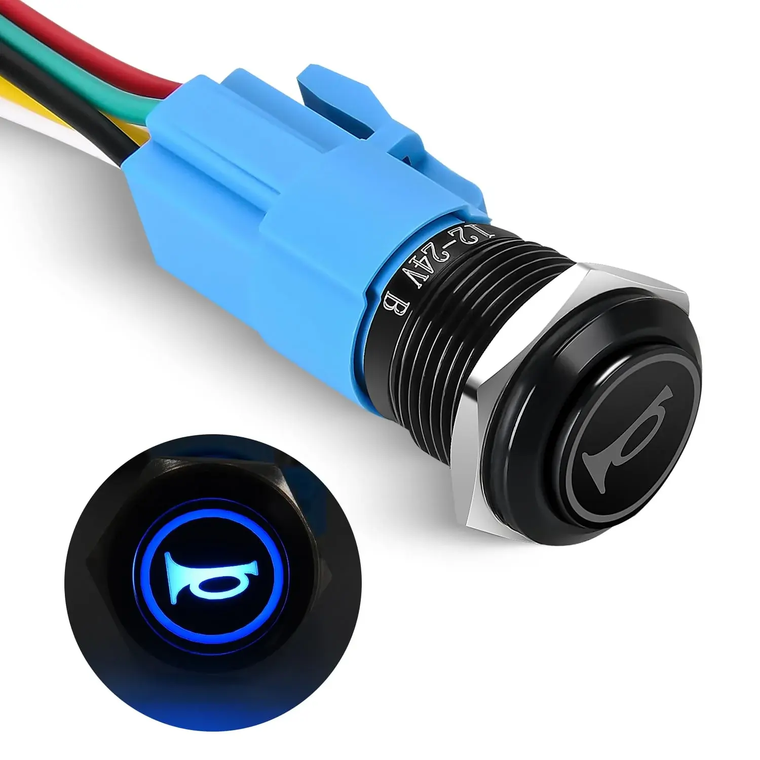 Nilight 16MM Raised Metal Momentary Push Button Switch with Blue LED - 1NO1NC Normally Closed Wiring, RV & Industrial Equipment Compatible, Includes Tail Plug Wire Harness & User Manual, Home Electrical Control