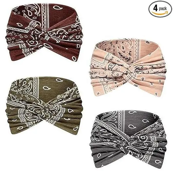 Vintage Paisley Pattern Elastic Headbands Four Piece Set Retro Boho Hair Accessories Stretchy Sweatband for Women Daily Wear Yoga