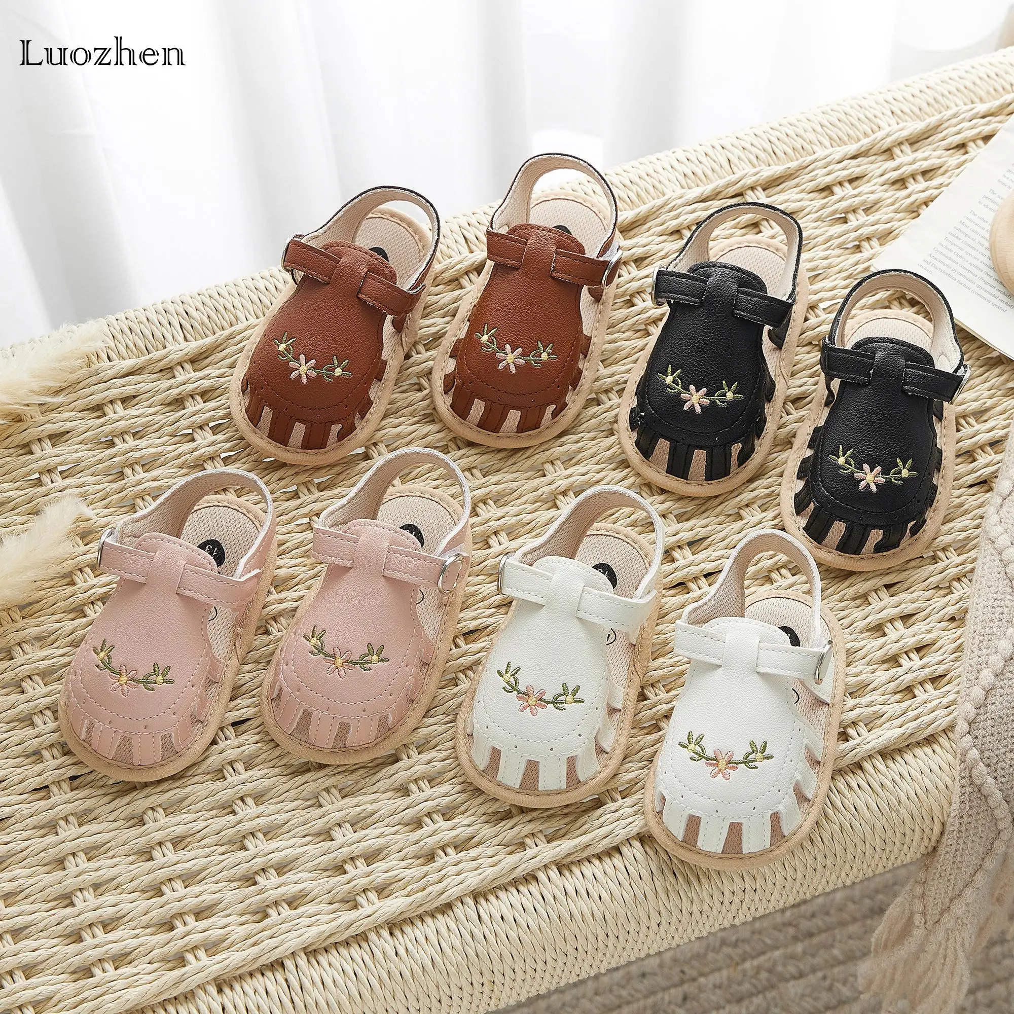Infant Girls Toddler Baby Summer Sandals, PU Leather Non-slip Embroidery Cute Flowers Summer Flat Toddler Shoes for Daily Casual