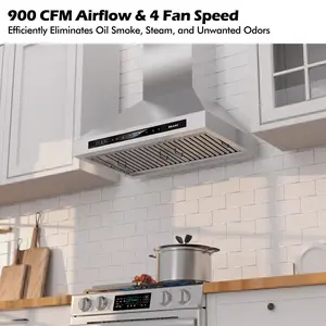 BRANO Wall Mount Range Hood 36 inch，900 CFM Kitchen Hood with Voice/Gesture/Touch Control， Ducted/Ductless Convertible, 4 Speed Exhaust Fan