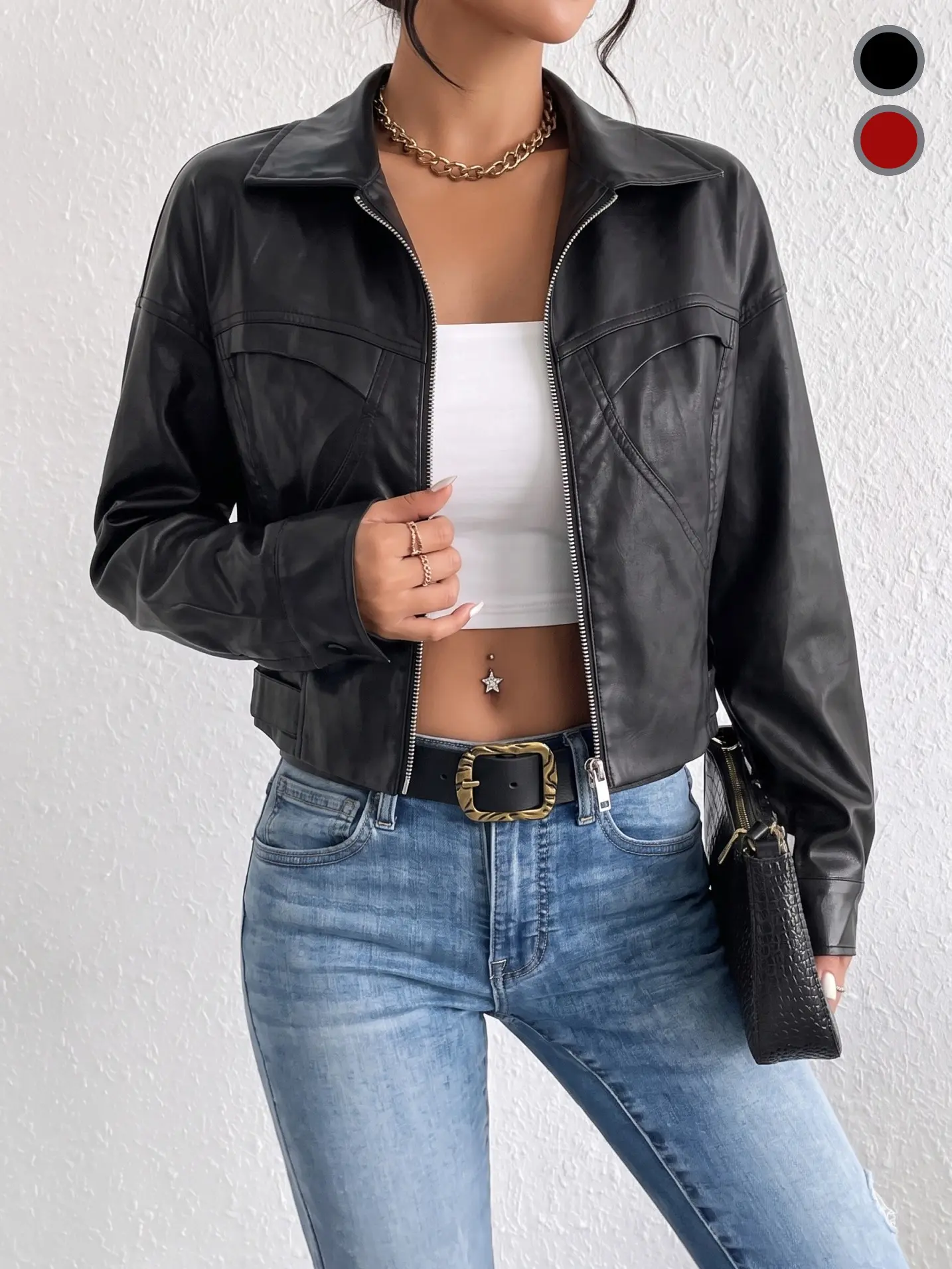 Women’s leather jacket, leather biker top, turn-down collar design, motorcycle-style outerwear, stand collar with front zipper closure, suitable for outdoor riding, parties, everyday wear, travel, and walks/sightseeing.