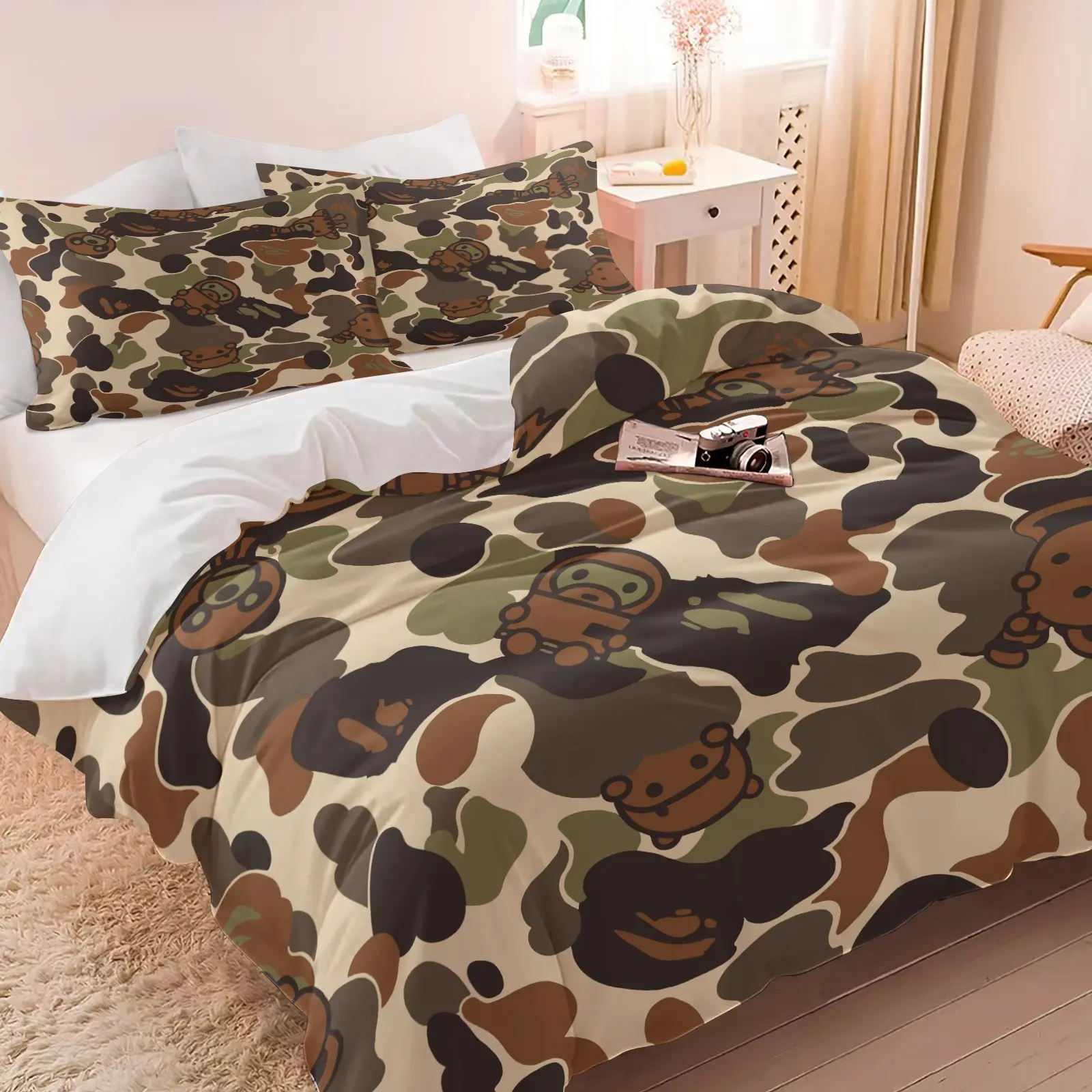 2/3Pcs Camouflage Bedding Set Duck Patterns Comforter Cover, "Ape Head" Cartoon Duvet Cover Set, Decorative Duvet Cover, for Teenagers' or Military Enthusiasts' Bedroom Decor, Soft and Breathable