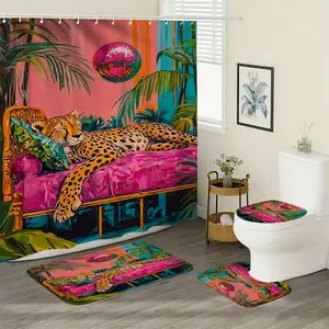 Vintage Disco Leopard Bath Curtain Set, 1pc/4pcs, Colors, Includes Plastic Hooks, Non-Slip Mat, Toilet Pad