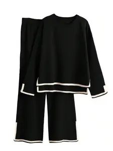 Fashion Casual Colorblock Knit Top and Pants Set, Round Neck Long Sleeve Sweater, Fall & Winter Fitted, Women's Clothing