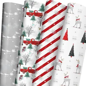 White Christmas Wrapping Paper Bundle for Kids Adults - Reindeer, Stripes, Woodlands, Snowflake, Red Truck Winter Scene Designs - 28 x 40 Inches, 6 Jumbo Sheets, Recycled
