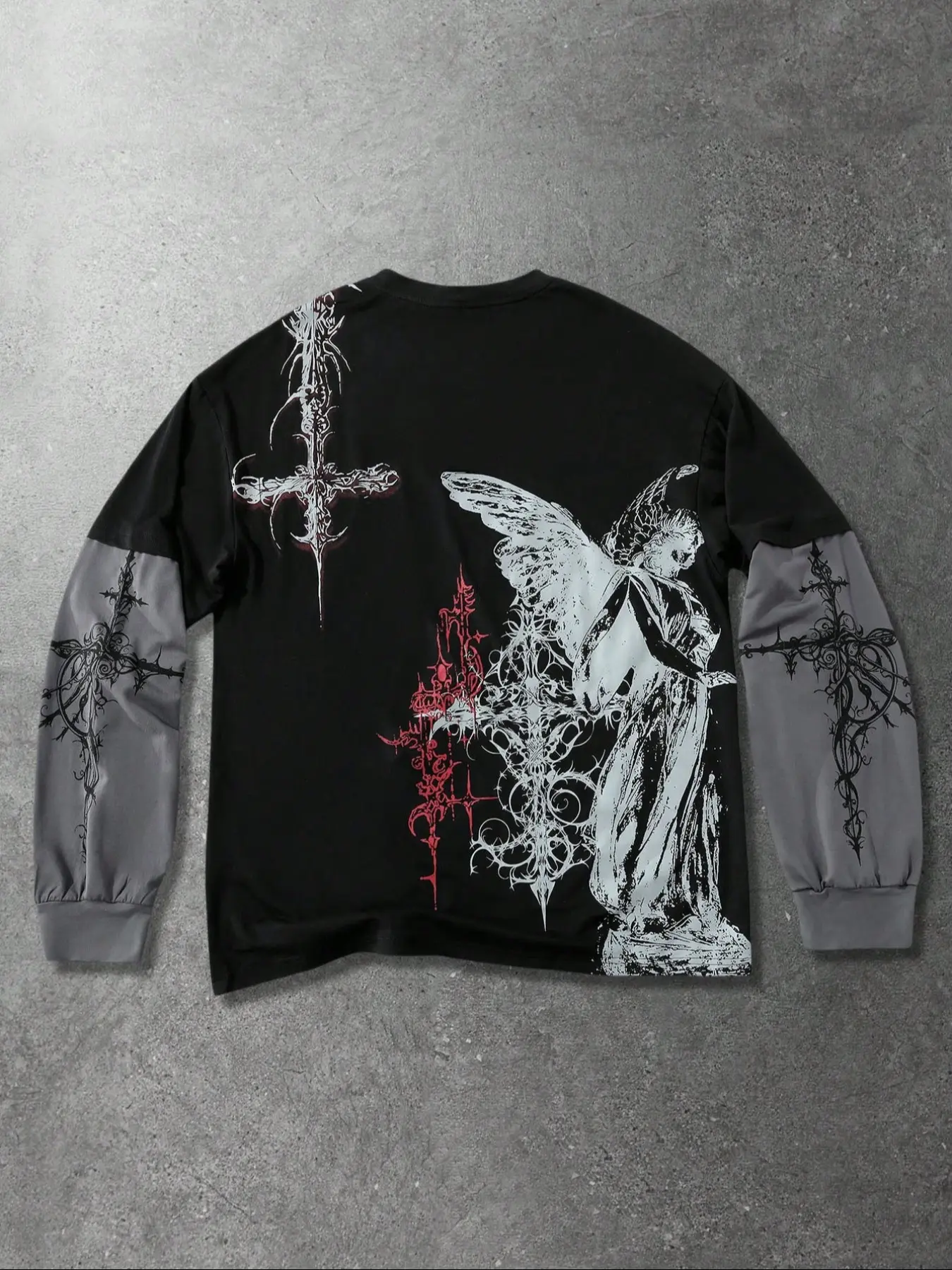 Gothic Style Streetwear Men's Long Sleeve Mock Two-Piece Black T