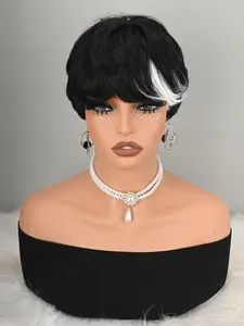 Short Pixie Cut Wig with Streak, Synthetic Hair, Ready-To-Wear, Curly Short Wigs with Hats, All Seasons Fashion Accessory