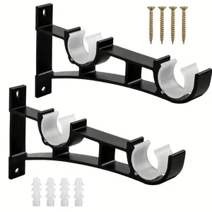 1pc Curtain Rod Brackets Double Curtain Rod Holder Hooks Metal Curtain Rod Support Black Heavy Duty Curtain Pole Bracket Holders for Curtain Poles Wall Clothes Rod, Hold up to 110.23LB