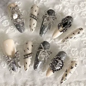 10 Pieces Acrylic Press on Nails, Long Almonds Goth Fake Nails, Halloween Nails, Light Base Color, Butterfly, Gemstone & Rhinestone Decorations