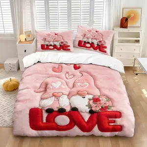 Sweet love heart style print comforter set, including comforter set and 1/2 coreless pillowcase, heart elements, rose bouquet and “LOVE” words, full of romantic atmosphere, soft and comfortable bedroom bedding, Flower Printed Bedding