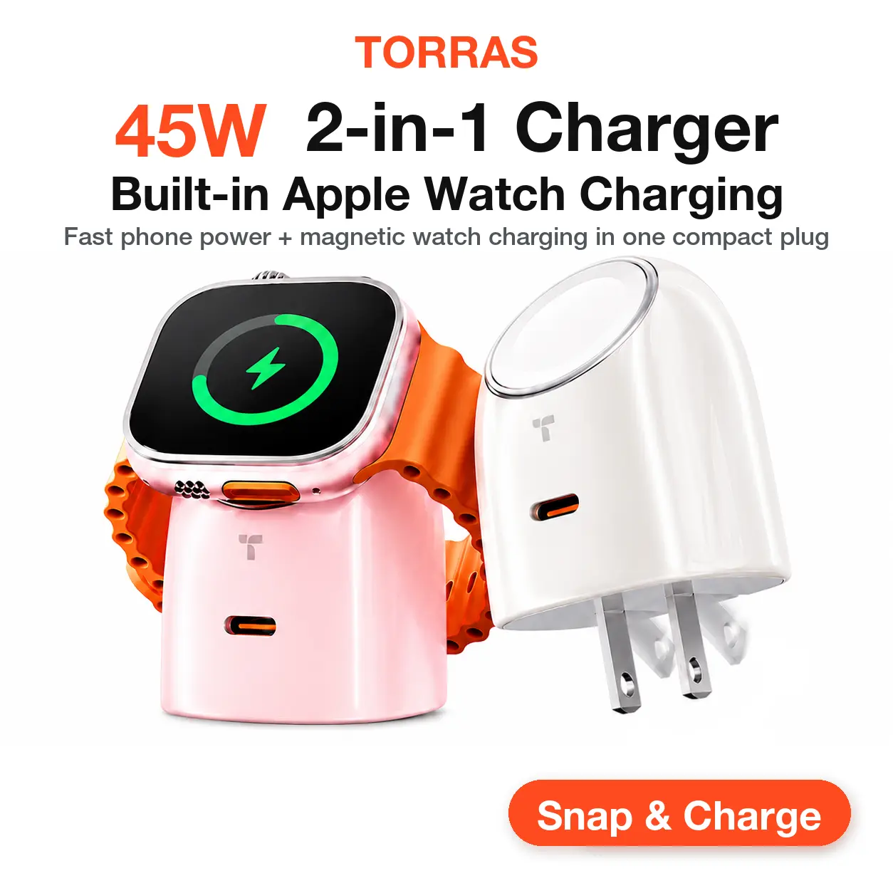 TORRAS Flasheye 45W 2-in-1 Charger for Apple Watch & iPhone17 16 15 14 13Pro Max, Snap-On Magnetic Charging, 45W USB-C PD Fast Charging for iPhone, iPad & MacBook, travel, Compact Cute Desk Charger, Foldable Plug, Travel Friendly,Minimal