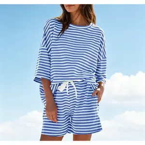 Womens Striped Short Sets 2 Piece Outfits Sweatsuits 3/4 Sleeve Pajamas Casual Lounge Sets