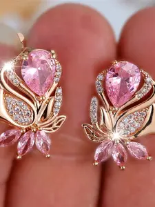 Luxury Female Pink Zirconia Stone Hoop Earrings Artificial Zircon Earrings Fashion Gold Color Wedding Jewelry For Women