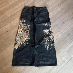 Tiger Floral Baggy Jeans – Y2K Japanese Streetwear Wide Leg Skater Denim Vintage Graphic Aesthetic Pants
