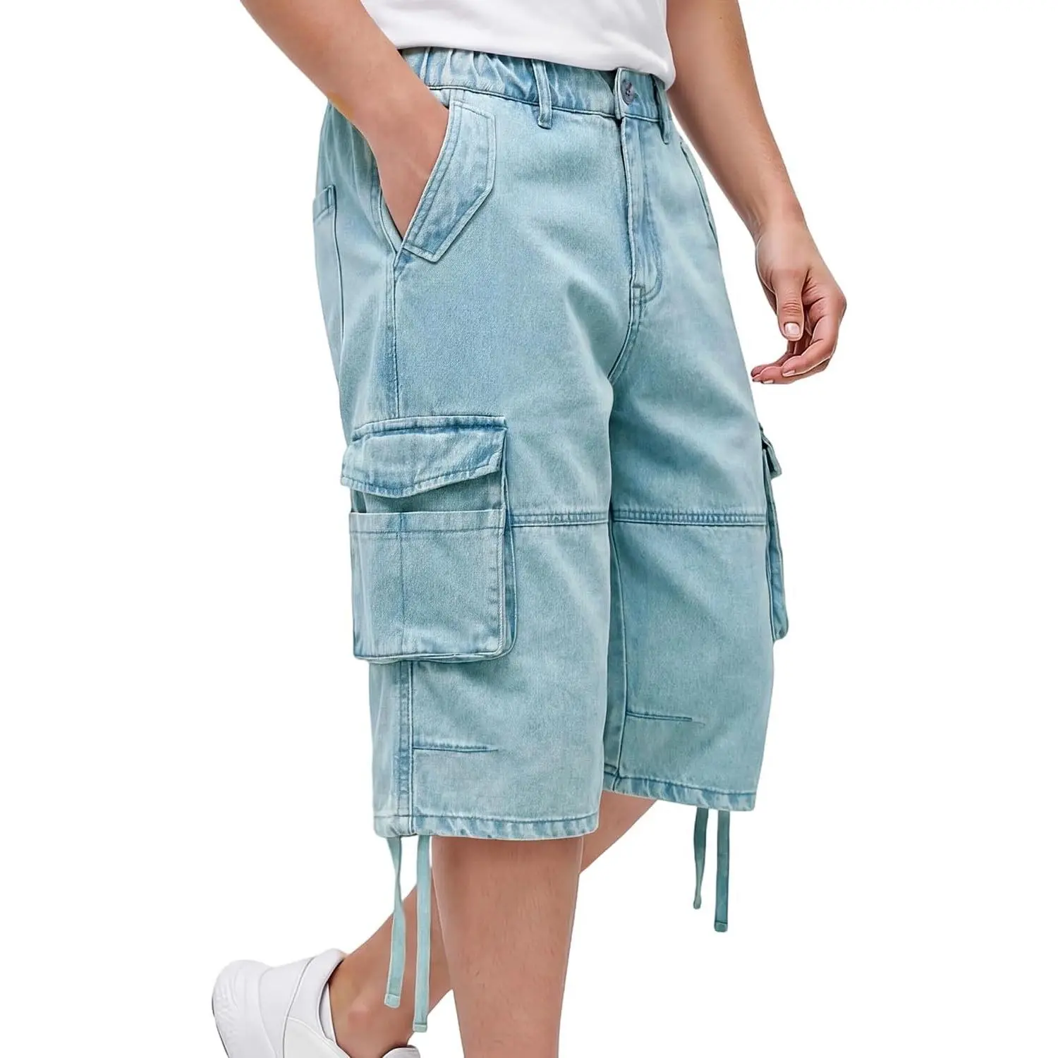 Men's Relaxed Fit Cotton Denim Cargo Jean Shorts - Elastic Waist, 8 Pockets, Below Knee Long Length, Solid Plain Fabric for Work, Outdoors, Menswear Bottoms, 18% Lyocell