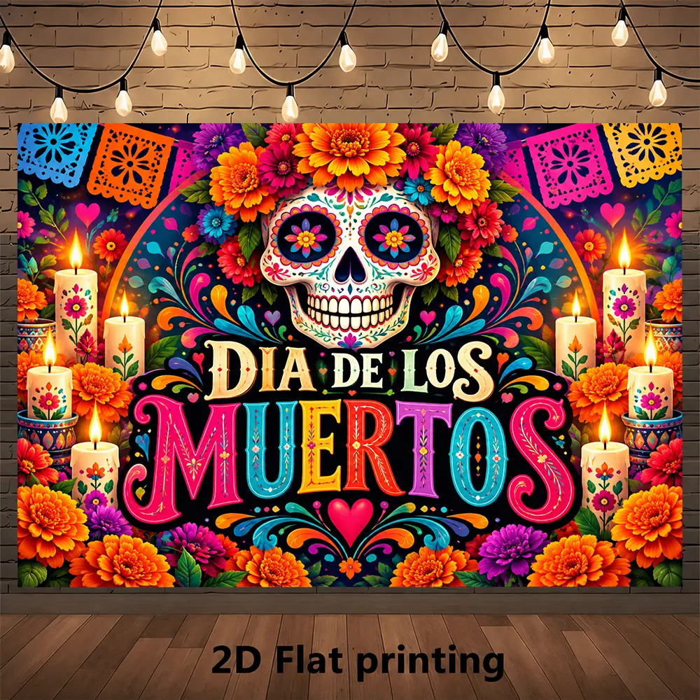 Day of the Dead Floral Skull Backdrop, Marigold Candle Papel Picado Mexican Celebration Photography Background for Event Stage Decoration