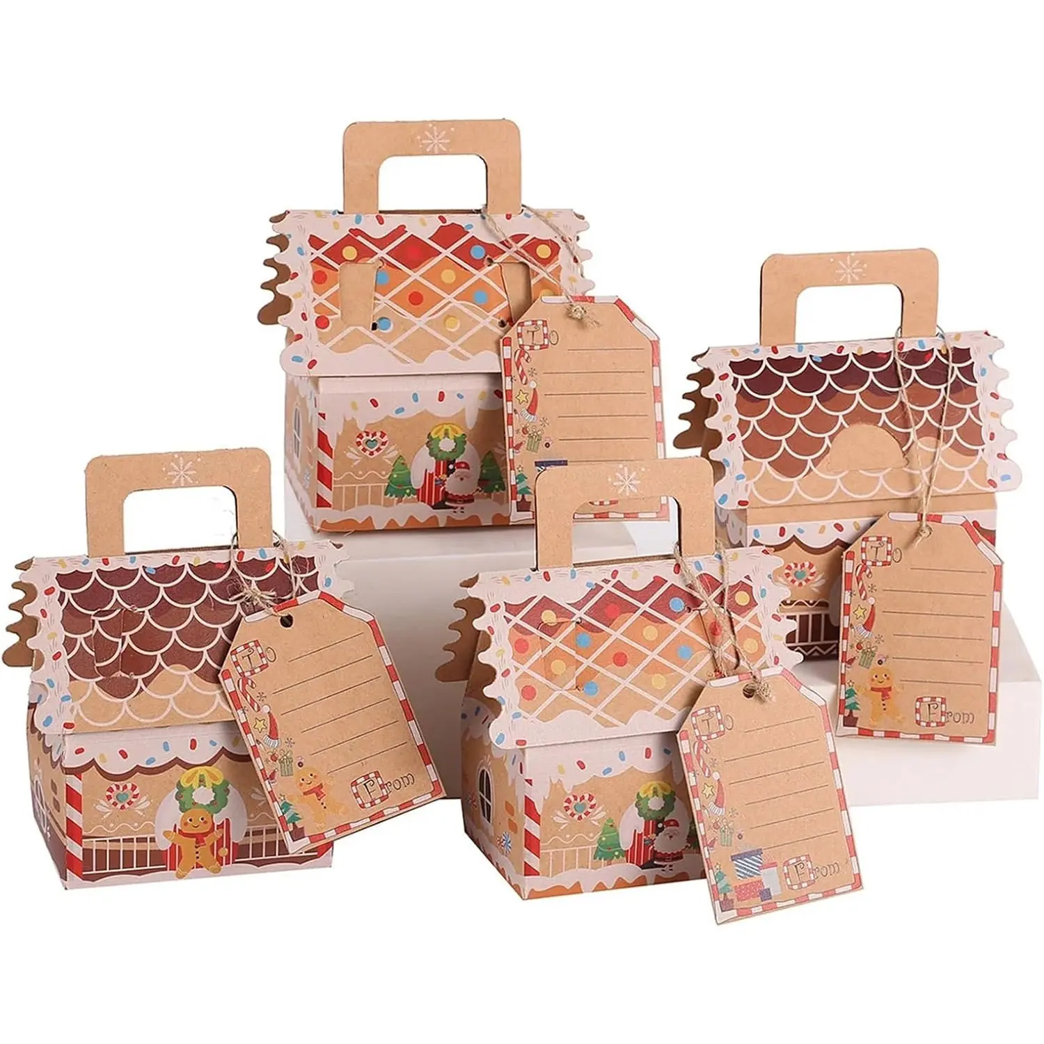 50 Christmas Cookie Boxes with Handles and Labels, Santa Claus House Gift Boxes, Packaging Paper Boxes, DIY Party Supplies, Cake Box