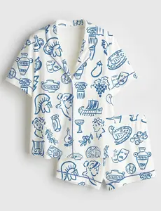 Women’s Hand-Drawn Greek Food Wedding Print Short Sleeve Silk Satin Pajama Set Soft Sleepwear