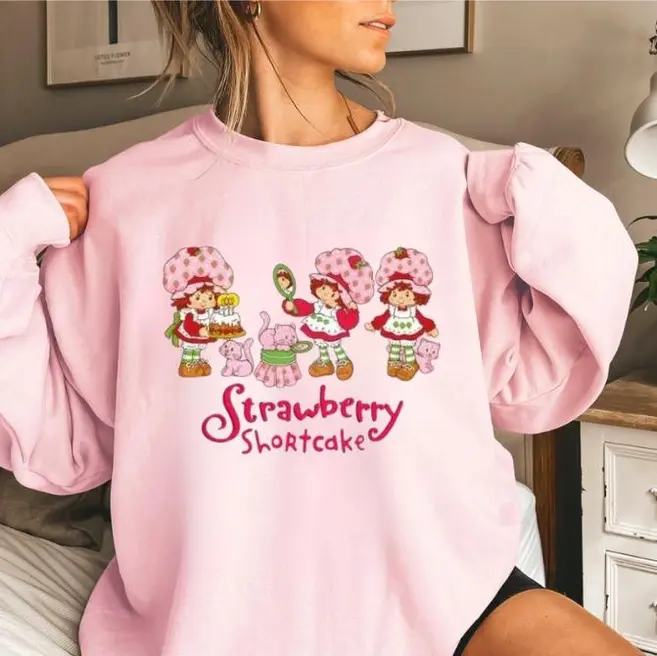 Youth + Adult, Women Strawberry Shortcake Vintage Cartoon shirt, T-shirt and Sweatshirts, Children's Book tee, Cute Strawberry Cartoon, Big Friendship, Strawberry Bitty girls caketopper