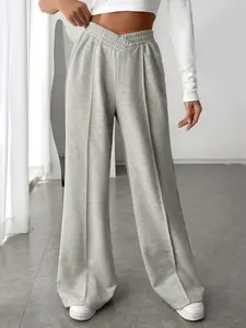 Plus Size Women's Solid Wide Leg Sports Pants, Comfortable All Seasons Fitted Casual Trousers, Stylish Knit Fabric for Activewear, Casual Chic Trousers, Chic Comfy Pants